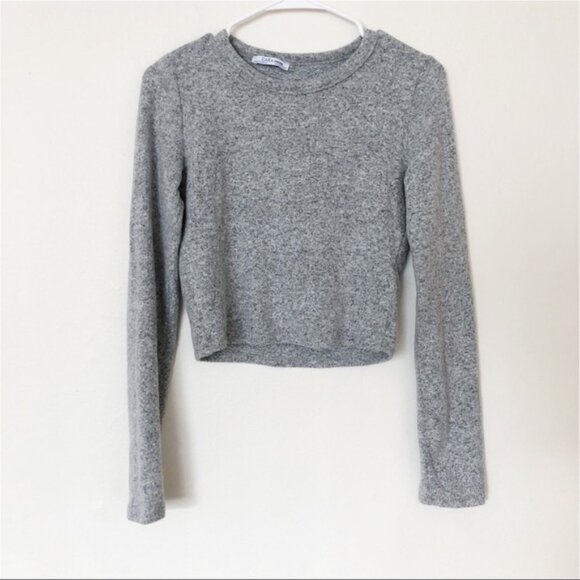 New ZARA Boxy Fitted Crop Sweater Small Heather Gray Long Sleeve Crew Neck - Picture 2 of 6